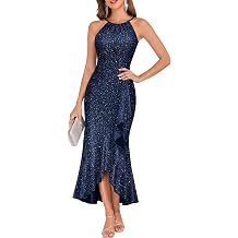 BeryLove Sequin Formal Cocktail Wedding Long Dresses Evening Ruffle Halter Prom Dress