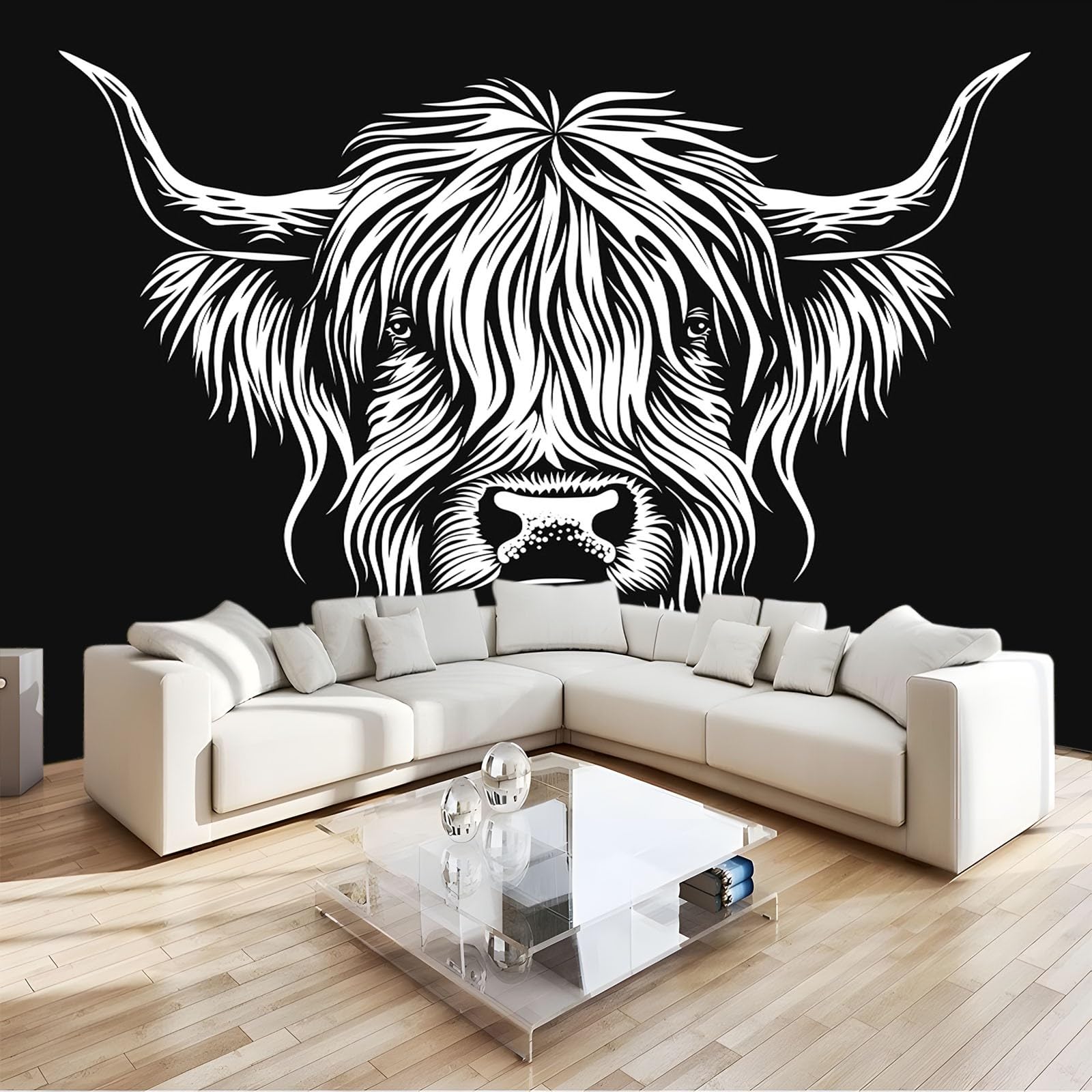 Décoration murale salon avec le poster géant vache des Highlands noir 3D