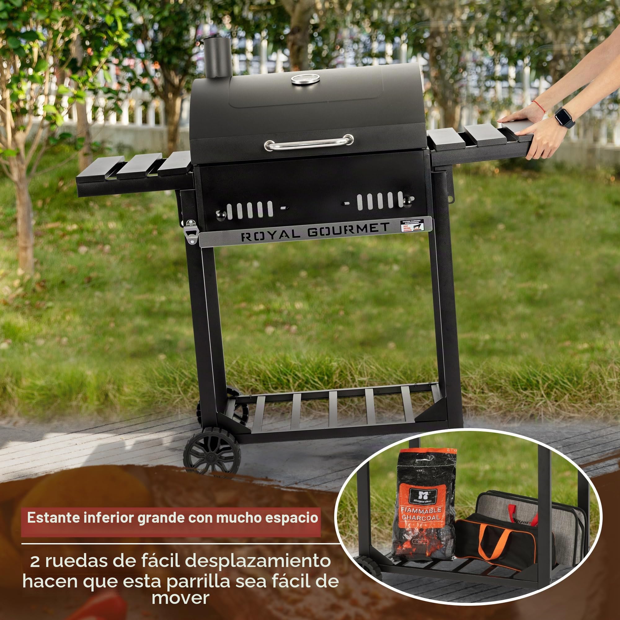 Royal Gourmet Barbacoa de carbón vegetal con estantes laterales plegables, parrilla de pie con Decekl, termómetro, parrilla de carbón negro