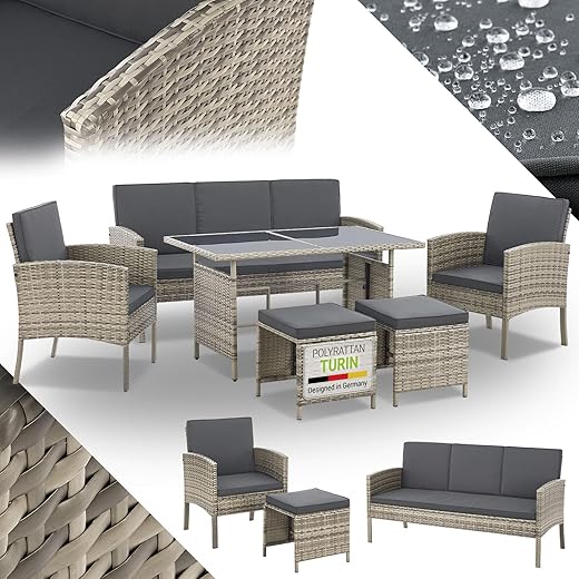 Juskys Polyrattan Gartenmöbel Sitzgruppe Turin Set 6 teilig – 7 Personen – Outdoor Möbel mit Sessel, Hocker, Tisch & Kissen – Garten Loungemöbel Grau