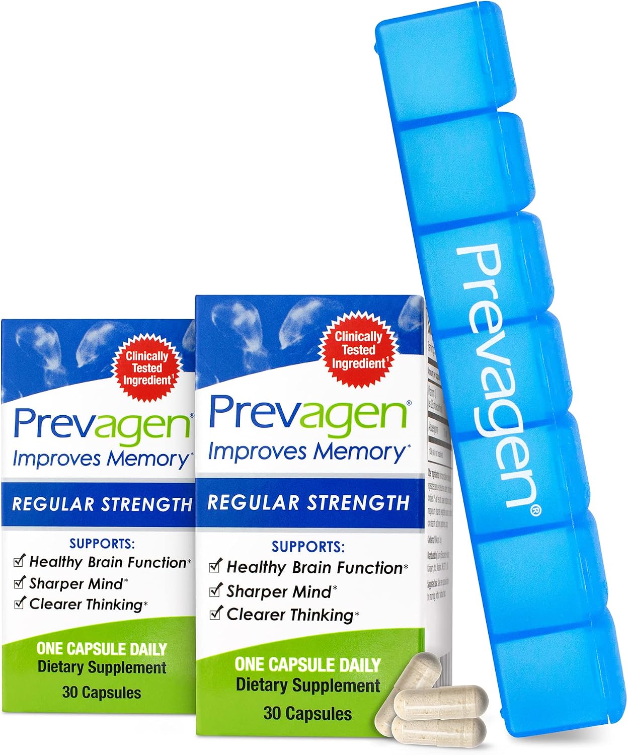 Prevagen Improves Memory - Regular Strength 10mg, 30 Capsules |2 Pack| with Apoaequorin & Vitamin D & Prevagen 7-Day Pill Minder | Brain Supplement for Better Brain Health