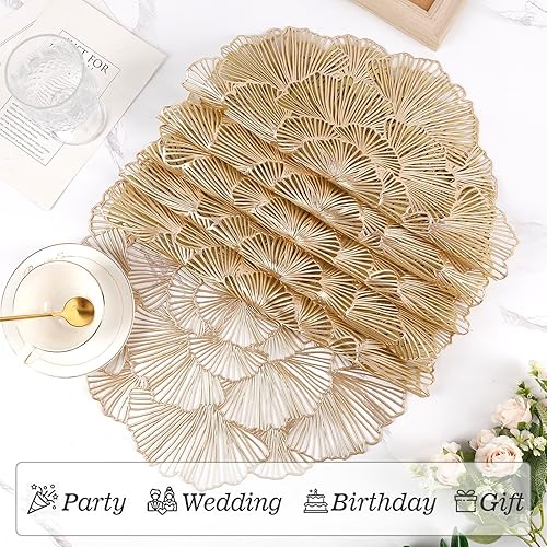 Miniatura 3 de Juego de 6 manteles individuales redondos de vinilo prensado con flores metálicas, resistentes al calor, manteles individuales dorados para