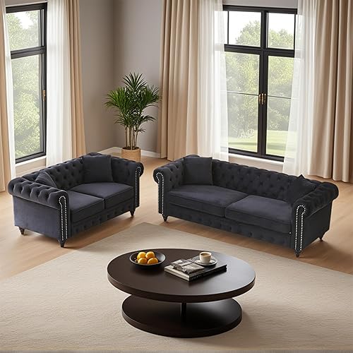 Miniatura 12 de Juego de 2 sofás Chesterfield de terciopelo de 85.5 pulgadas, 3 plazas + 63.5 pulgadas, sofá moderno con brazos enrollados y 2 cojines para sala de