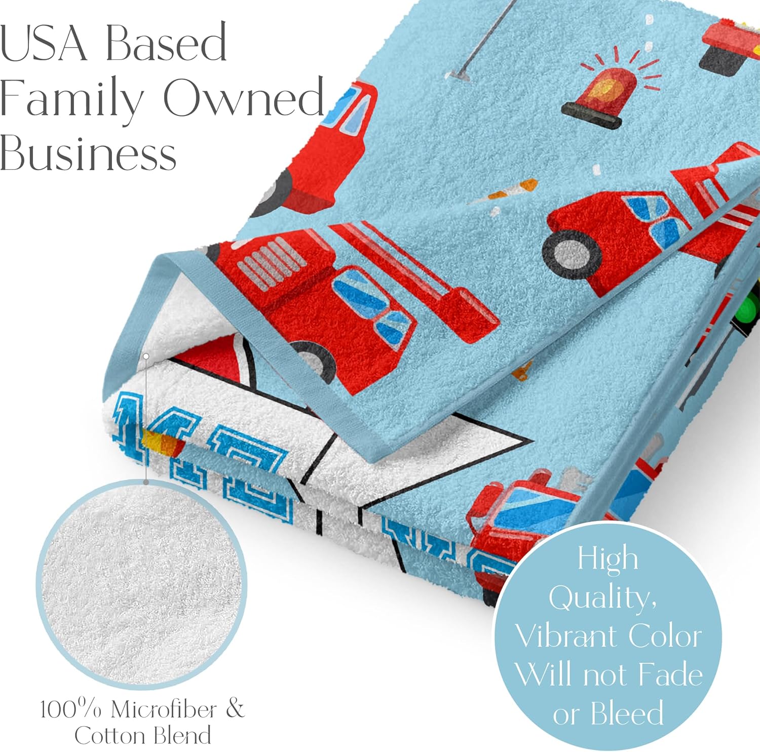 Personalized Firetruck Microfiber Beach Towel for Kids with Custom Name for Boys or Girls, Quick Dry Fabric for Pool, Travel, or Bath, Light Blue with Fire Fighter Trucks, 30” x 60”