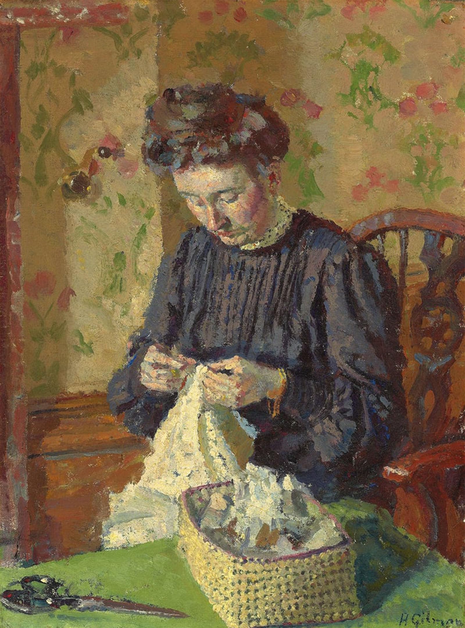 POSTERIIk Vintage Classic Picture Landscape Artwork Woman Sewing by Harold Gilman Portrait Canvas Painting for Office Home Decor 60x90cm