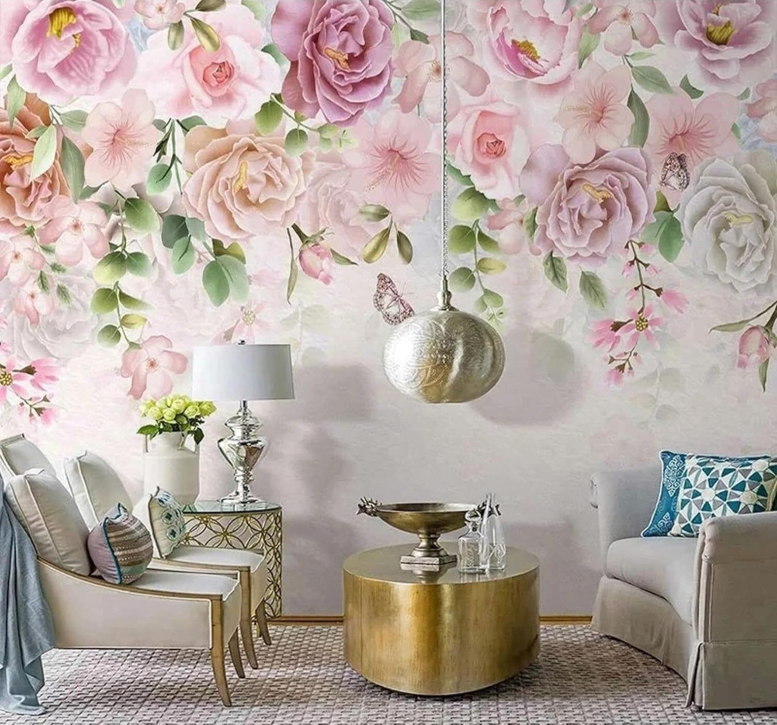 Xlming 250Cm×170Cm(B×H) Hand Drawn Romantic Pink Flowers Butterflies 3D Wallpaper Luxury Silk Study Dining Feature Sofa Grey Bedroom Living Room Tv Decorative Wall-250Cm×170Cm