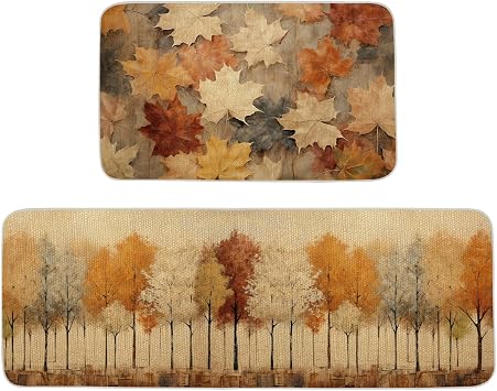 ONWAY Fall Kitchen Mats Set of 2 17x29 and 17x47 Kitchen Rugs Leaves Trees | Low-Profile Autumn Non Slip Washable Mats for Sink Entryway Home Decor Thanksgiving Seasonal Floor Mat