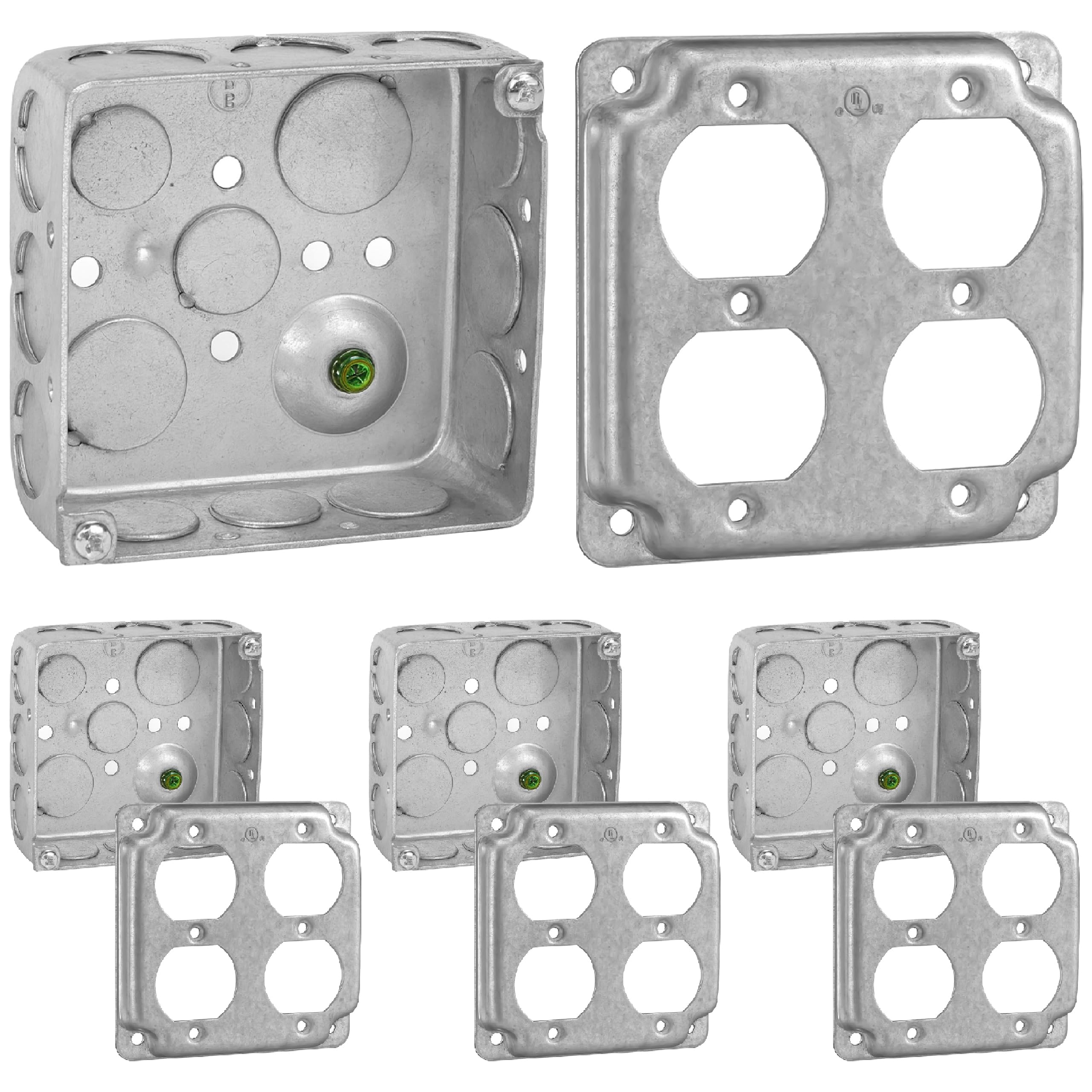 OHLECTRIC Lot de 4 boîtes de jonction électrique de 10,2 x 10,2 cm avec couvercles de 3,8 cm de profondeur, 21 cu. in. Boîtes de prise en métal robustes, emballage en vrac, double prise duplex et