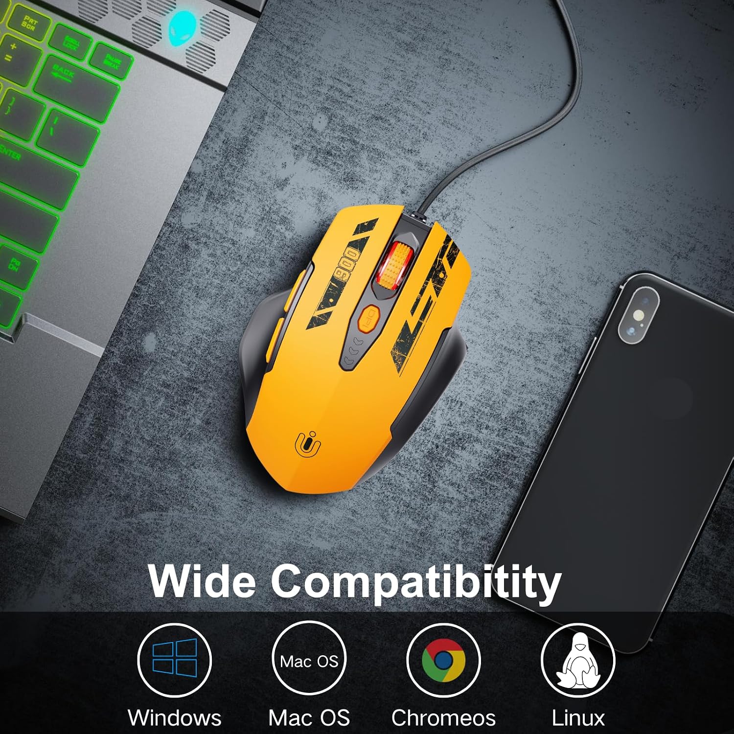 Wired Mouse, USB Mouse Wired with 6 Buttons Ergonomic Design,1.5M USB Cable Computer Mice 7200DPI Mice for PC Laptop, Yellow - 4