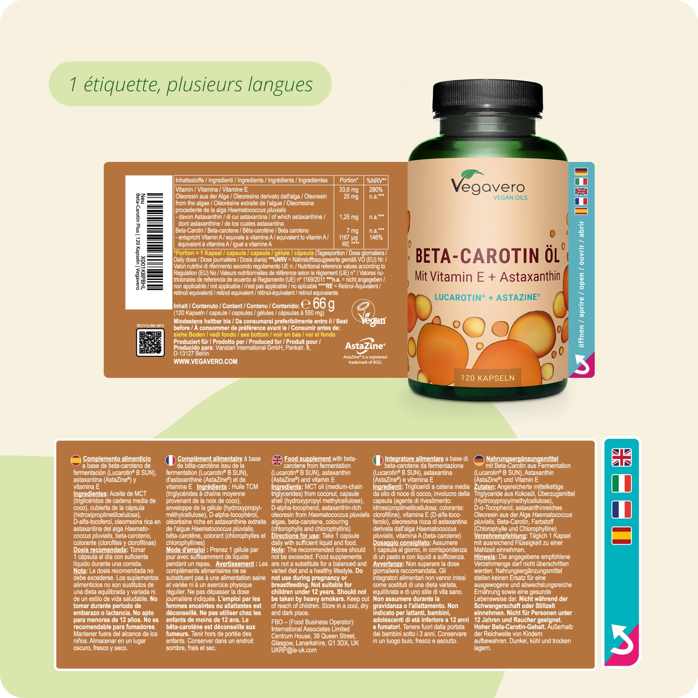 Complexe Bêta Carotène | Avec Vitamine E & Astaxanthine | 120 gélules (4 mois) | Qualité Supérieure : Lucarotin® B 30 SUN | Sans Additifs & Vegan | Protection Peau & Bronzage | Vegavero®