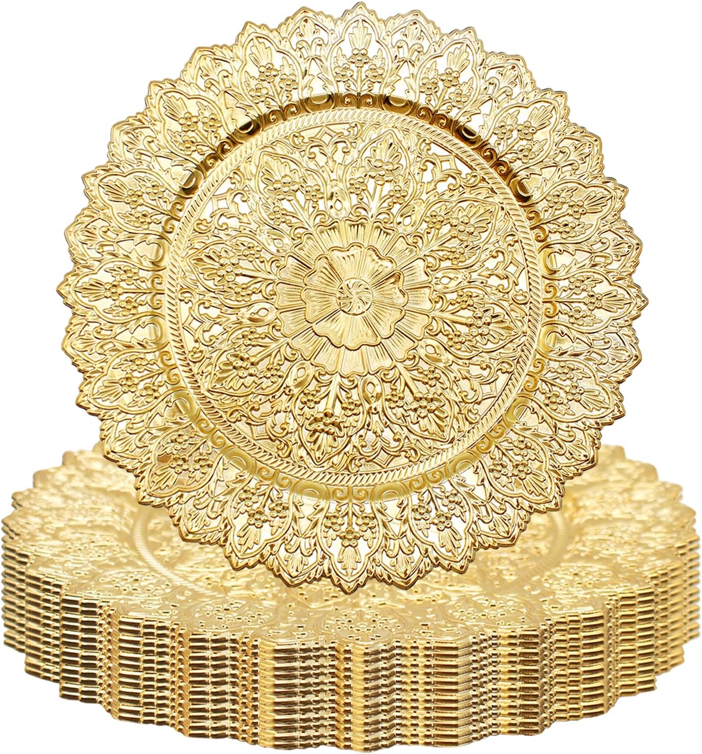 Benvo 13 Inch Charger Plates Set of 12 - Elegant Reusable Dinner Base Plates for Weddings, Parties, & Holiday Table Decor - Bulk Service Plate Underplates (Antique Gold A)