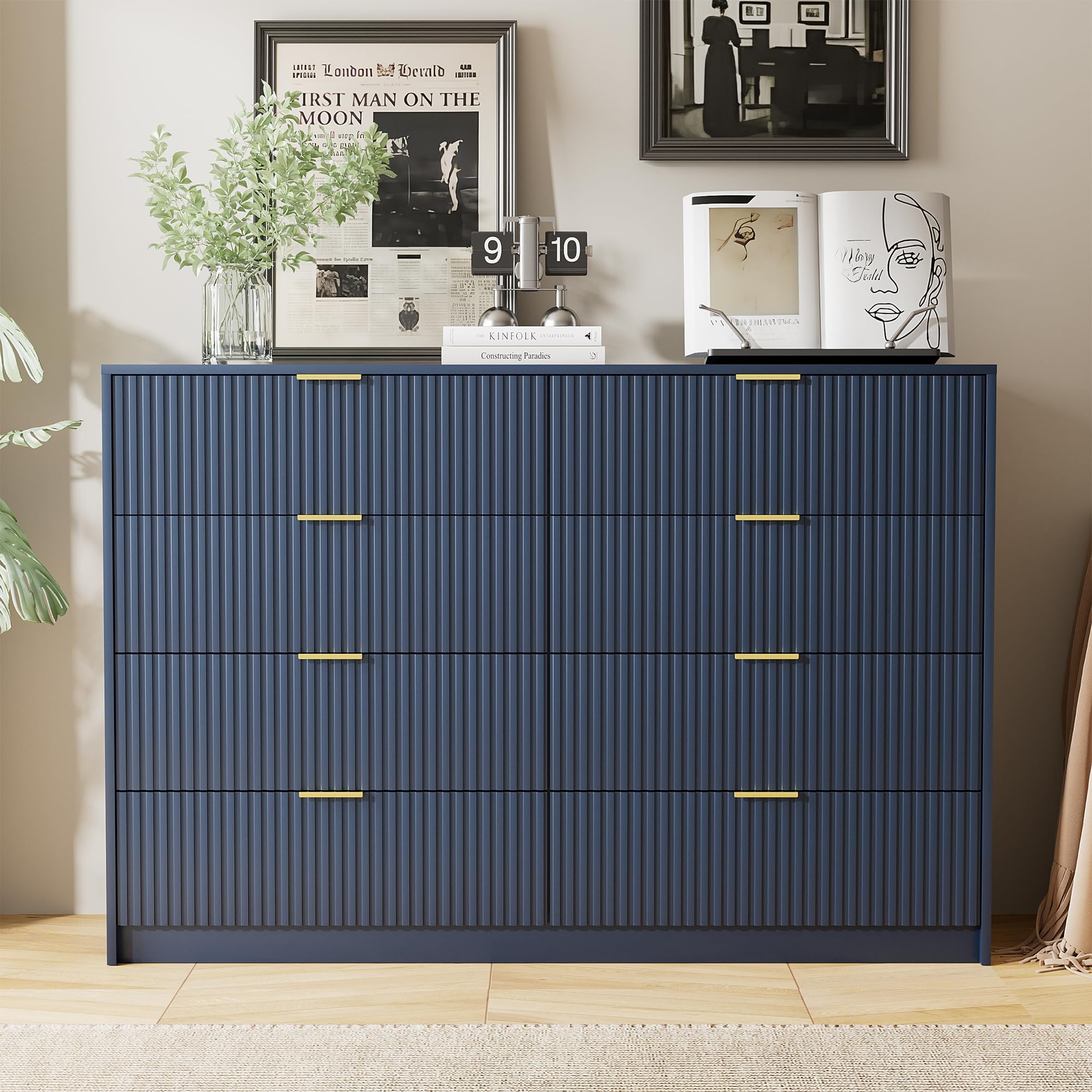 Furniway Navy Blue Dresser for Bedroom, Modern Dresser with 8 Drawers and Smooth Slides, Wide Chest of Drawers with Golden Handles for Bedroom, Closet, 15.7