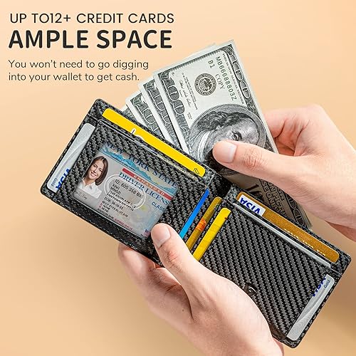 Miniatura 4 de GSOIAX Billetera delgada para hombre con bloqueo RFID, carteras plegables para hombre, minimalista, cuero auténtico, fibra de carbono, clip para