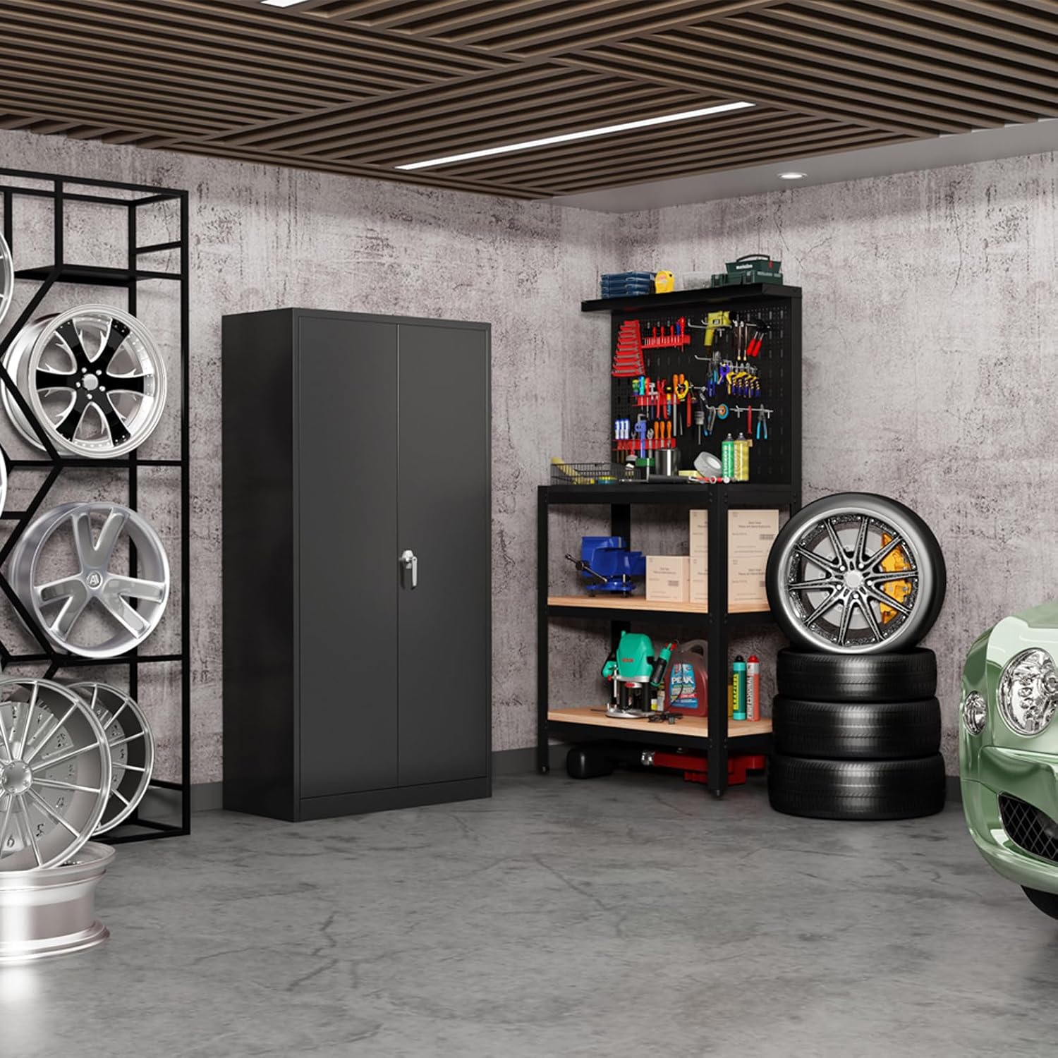 Lockable Cabinet Metal Storage Cabinet, 72" Locking Metal Storage Cabinet with 4 Adjustable Shelves,Black Metal Cabinet with 2 Doors and Lock for Office, Garage, Home (Black，72")