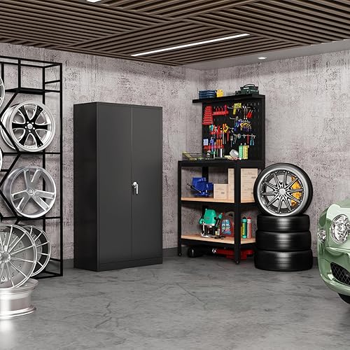 Miniatura 8 de Armario de almacenamiento de metal, gabinete de metal con bloqueo de 72 pulgadas con 4 estantes ajustables, 2 puertas y cerradura para