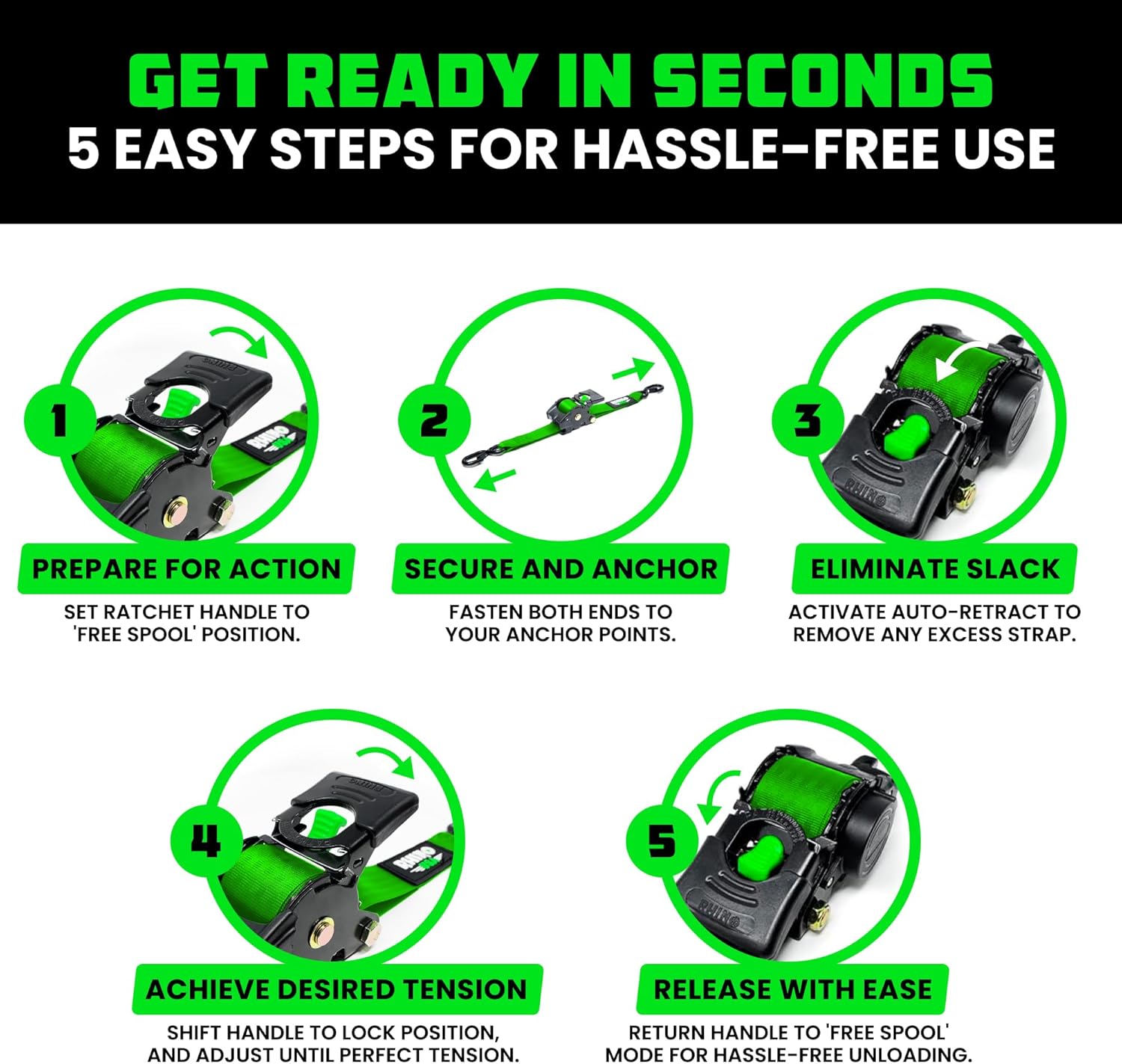 Rhino USA Retractable Ratchet Straps (4-Pack) - 2 Inch x 10 Feet (3,033lb Break Strength) - Heavy Duty Auto Self Retracting Tie Down Straps for Truck, Cargo Trailer, Motorcycle, Rad & More - Green - Image 6