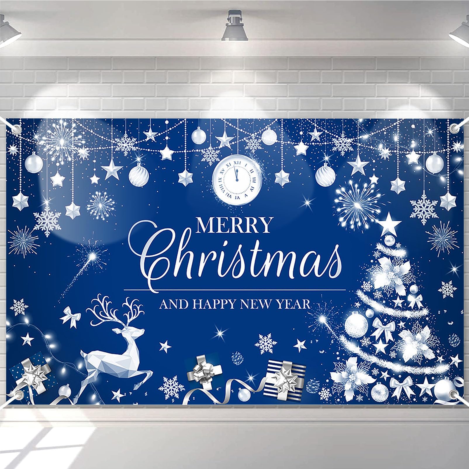 Avezano Merry Christmas Happy New Year Banner Christmas Blue Gold Banner Happy New Year Backdrop Party Decorations 70.8 x 43.3 Inch