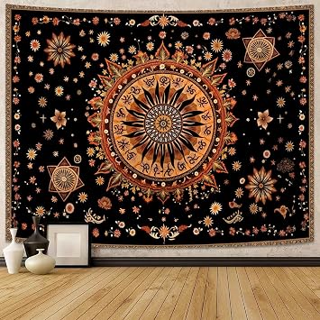 Kanuyee Mystical Sun Mandala Tapestry, Bohemian Celestial Wall Tapestry, Vintage Sunburst Tapestries for Room Decor, Artistic Tapestries 60"x44"