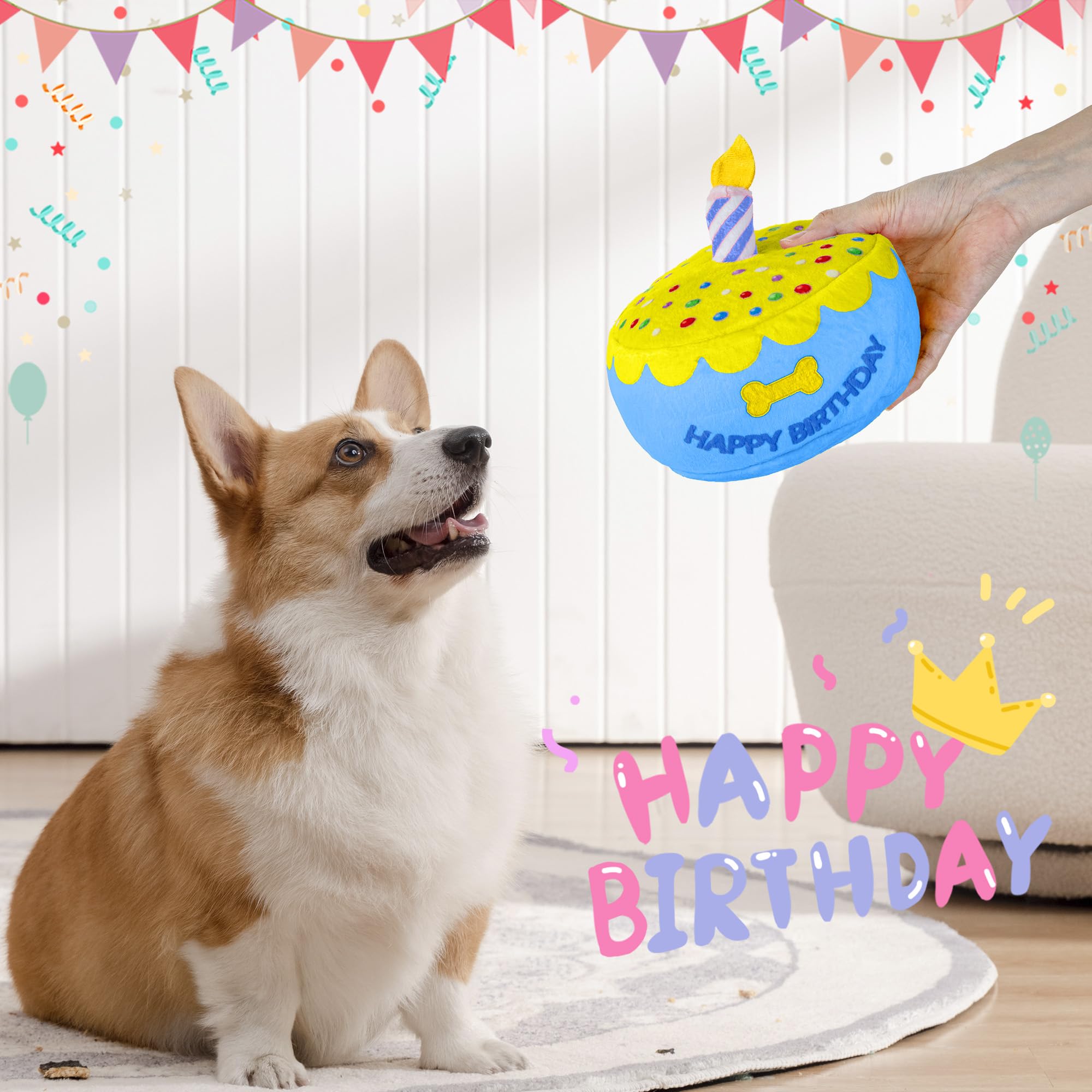 Zabawka dla psa, tort urodzinowy 15 cm, większy, pluszowy prezent dla psa, z elektroniczną pozytywką, gra 'Happy Birthday' piosenka i melodia szczeka, dekoracja imprezowa dla wszystkich