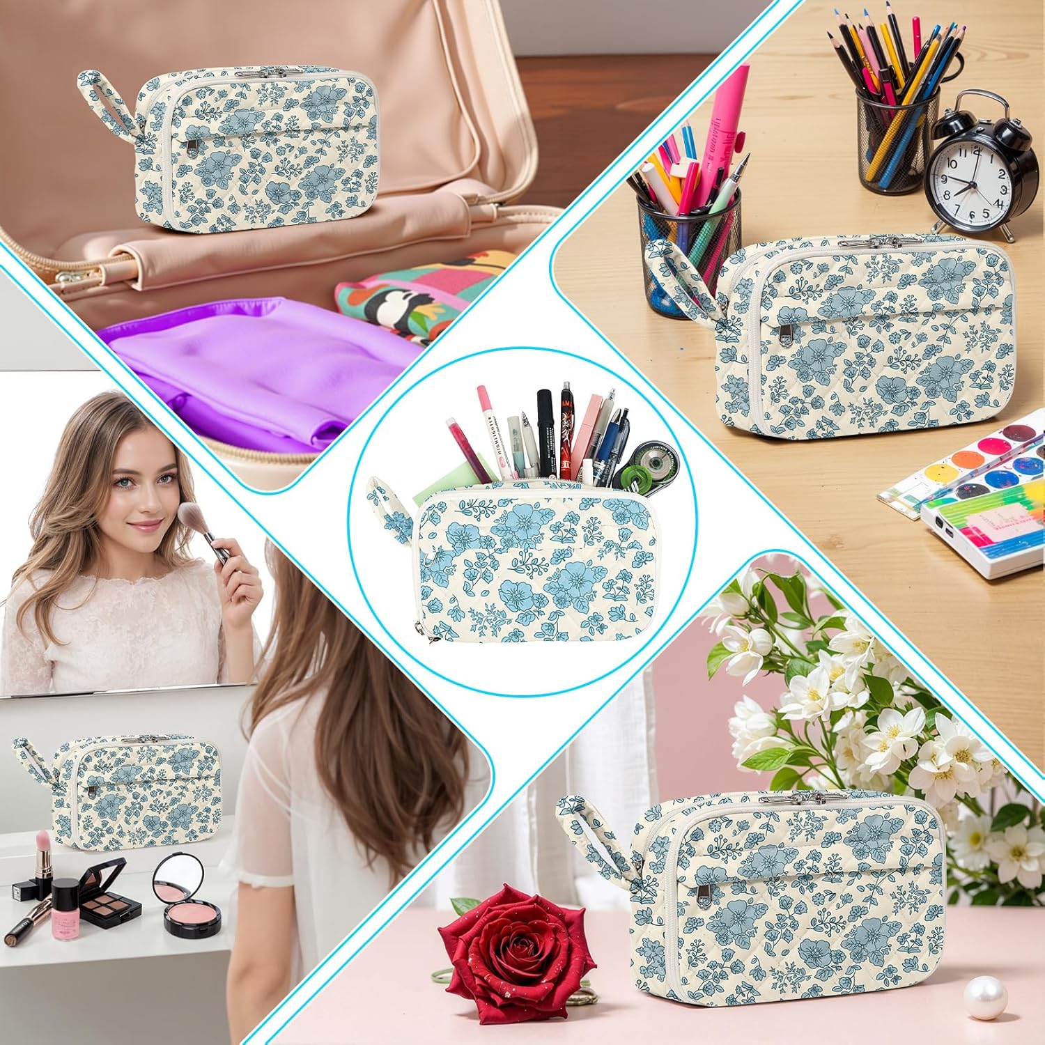 Quilted Pencil Pouch for Girls Women, Large Pencil Case Pouch with Compartments Cute Aesthetic Pencil Case Organizer, Floral Pencil Bag for School Supplies (blue floral) - Image 7