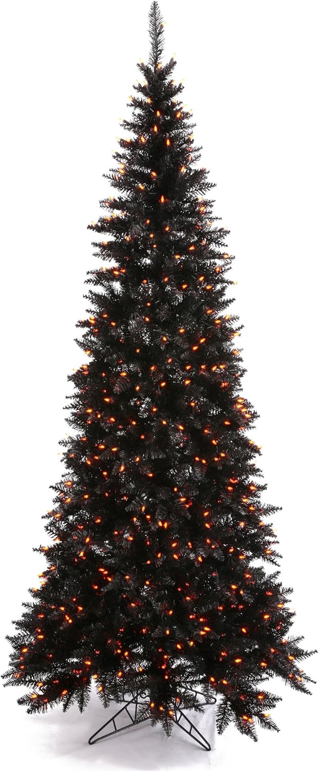 Vickerman 6.5' Black Fir Slim Artificial Christmas Tree, Orange Dura-lit LED Lights, Seasonal Indoor Home Decor