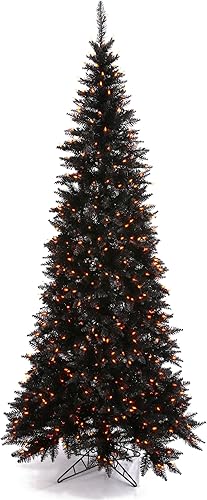 Vickerman Árbol de Navidad artificial delgado de abeto negro de 6.5 x 34 pulgadas, preiluminado, decoración realista del hogar de temporada