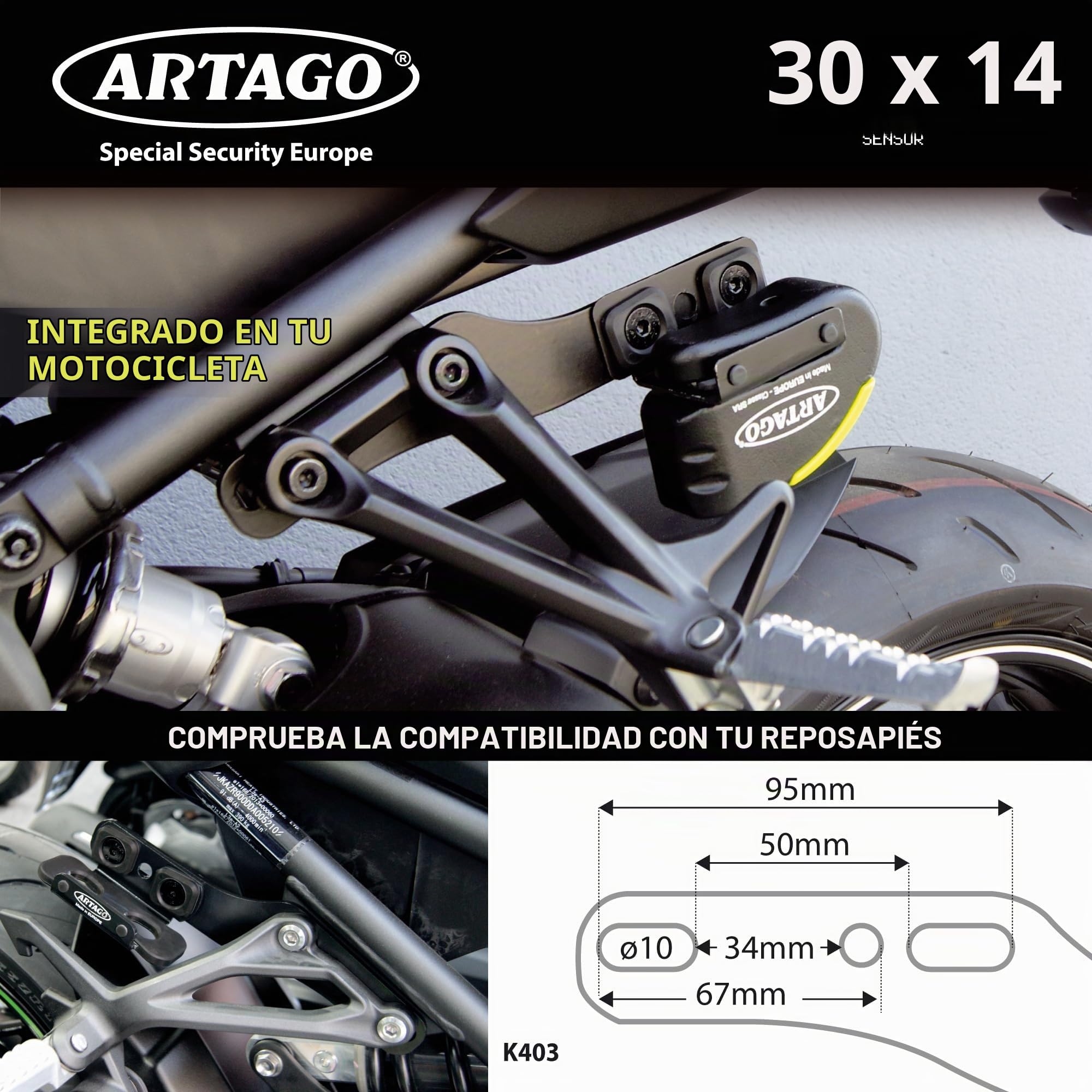 Artago 30X3 Pack Candado Antirrobo Disco con Alarma 120db Alta Seguridad + Soporte para Kawasaki Z900, Homologado SRA y Sold Secure Gold