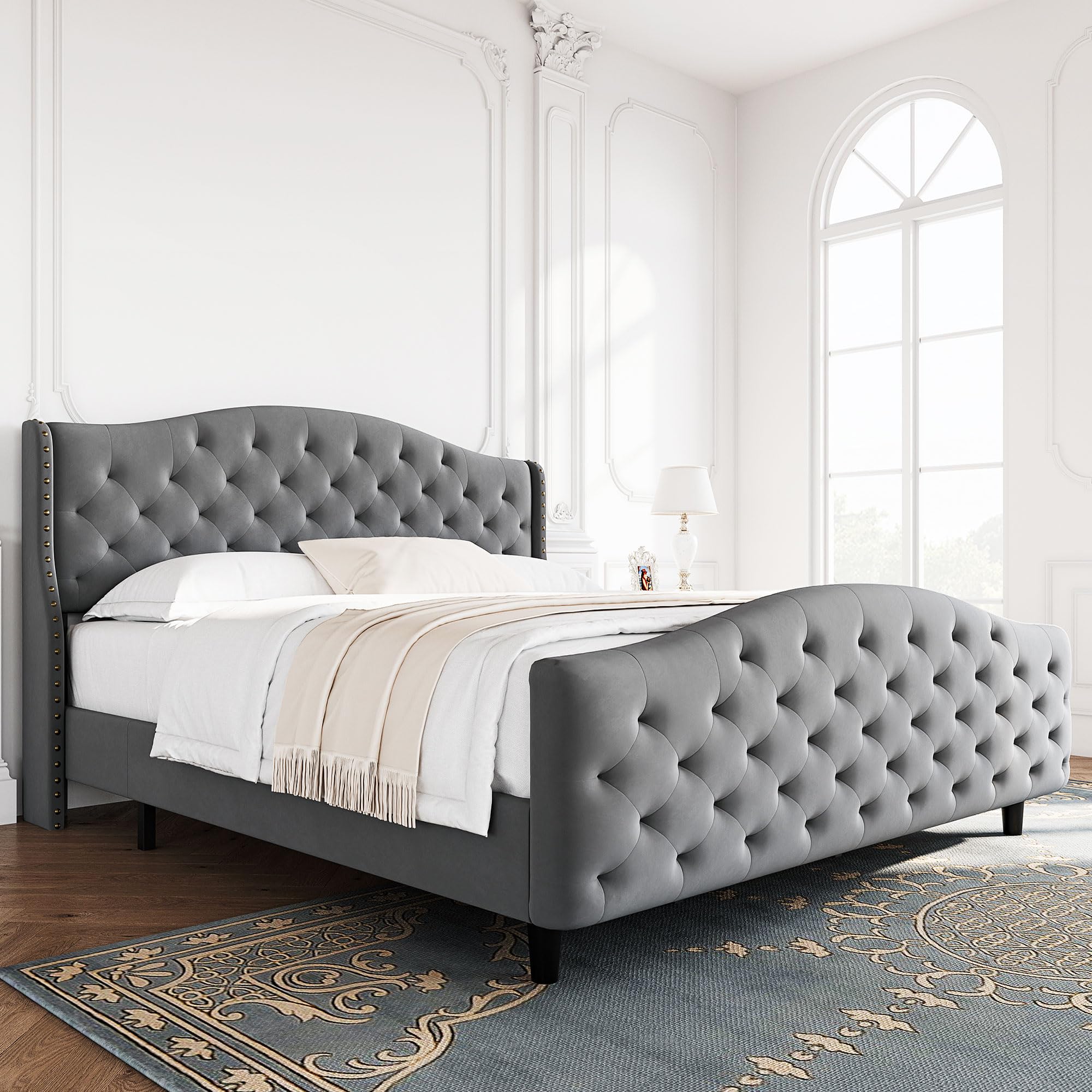 IDEALHOUSE King Size Tufted Upholstered Platform Bed Frame with Raised Wing Back Headboard, Mattress Foundation and Wood Slat Support, No Box Spring Needed (Gray, King)