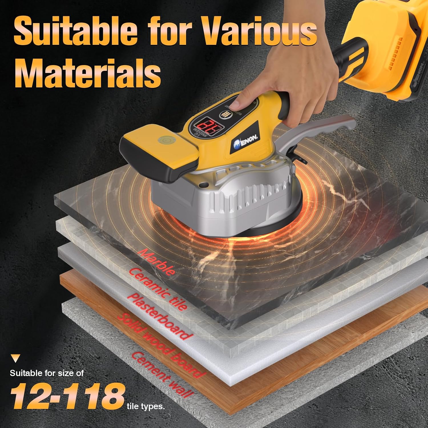 Cordless Tile Vibration Tool Machine for DeWalt 20V Battery - 150W Electric Tiler Tool with 12-Speed Adjustable Vibration, Digital Display & Suction Cup for Precise Floor & Wall Tile Installation