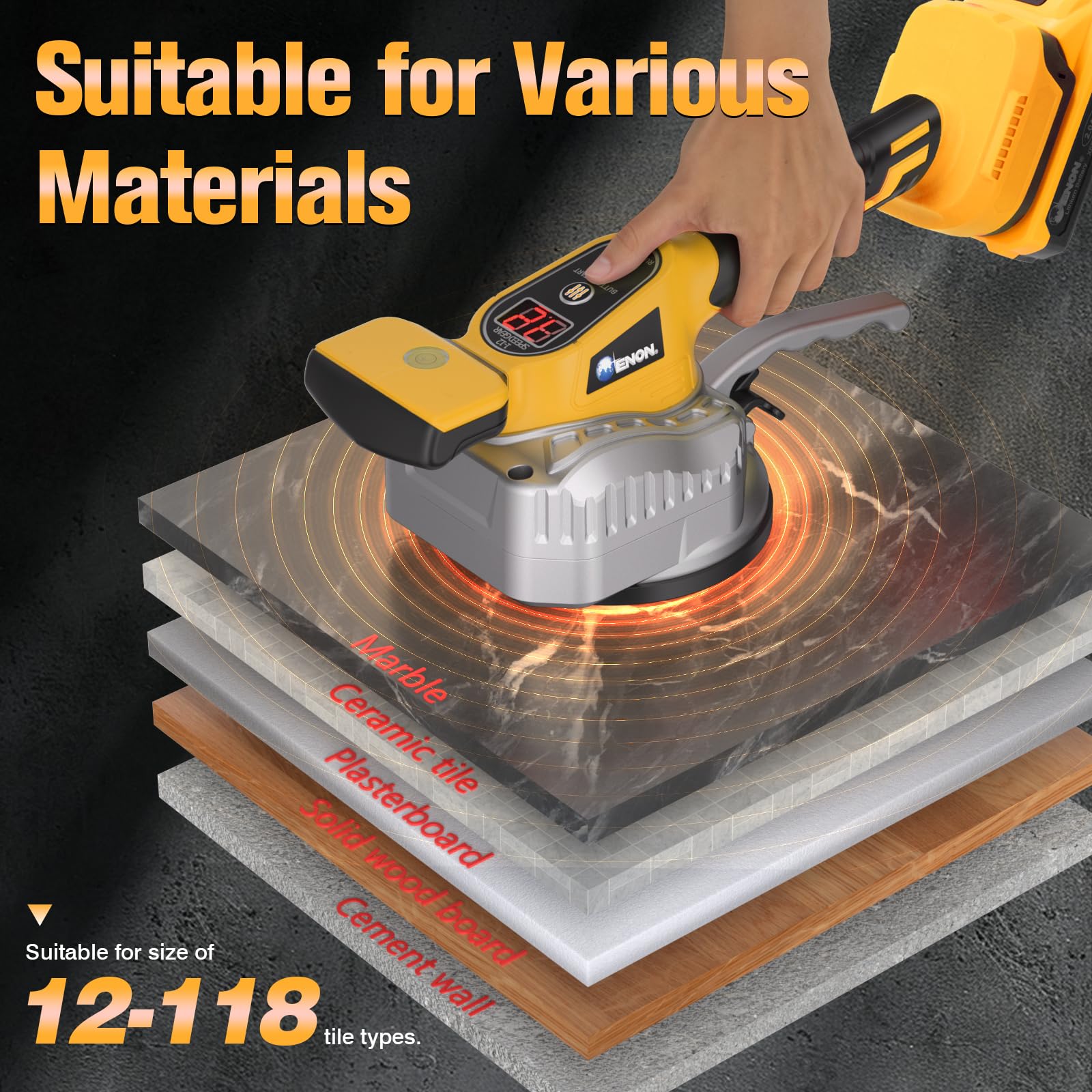 Strumento vibrante per piastrelle senza fili per batteria DeWalt da 20 V, strumento elettrico per piastrelle da 150 W con vibrazione regolabile a 12 velocità, display digitale e ventosa per