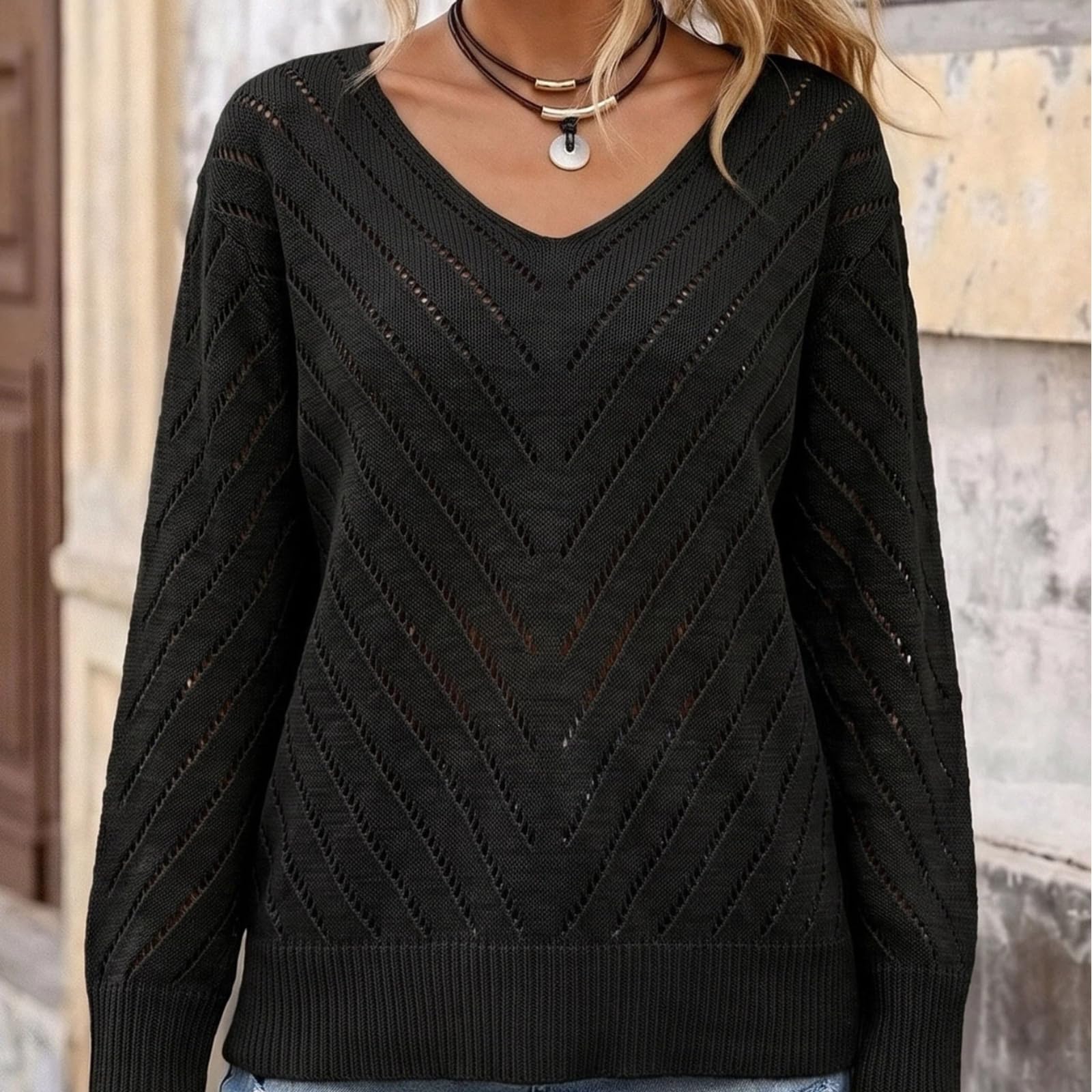 Maglione Donna Scollo V Traforato Spalla Caduta Casual