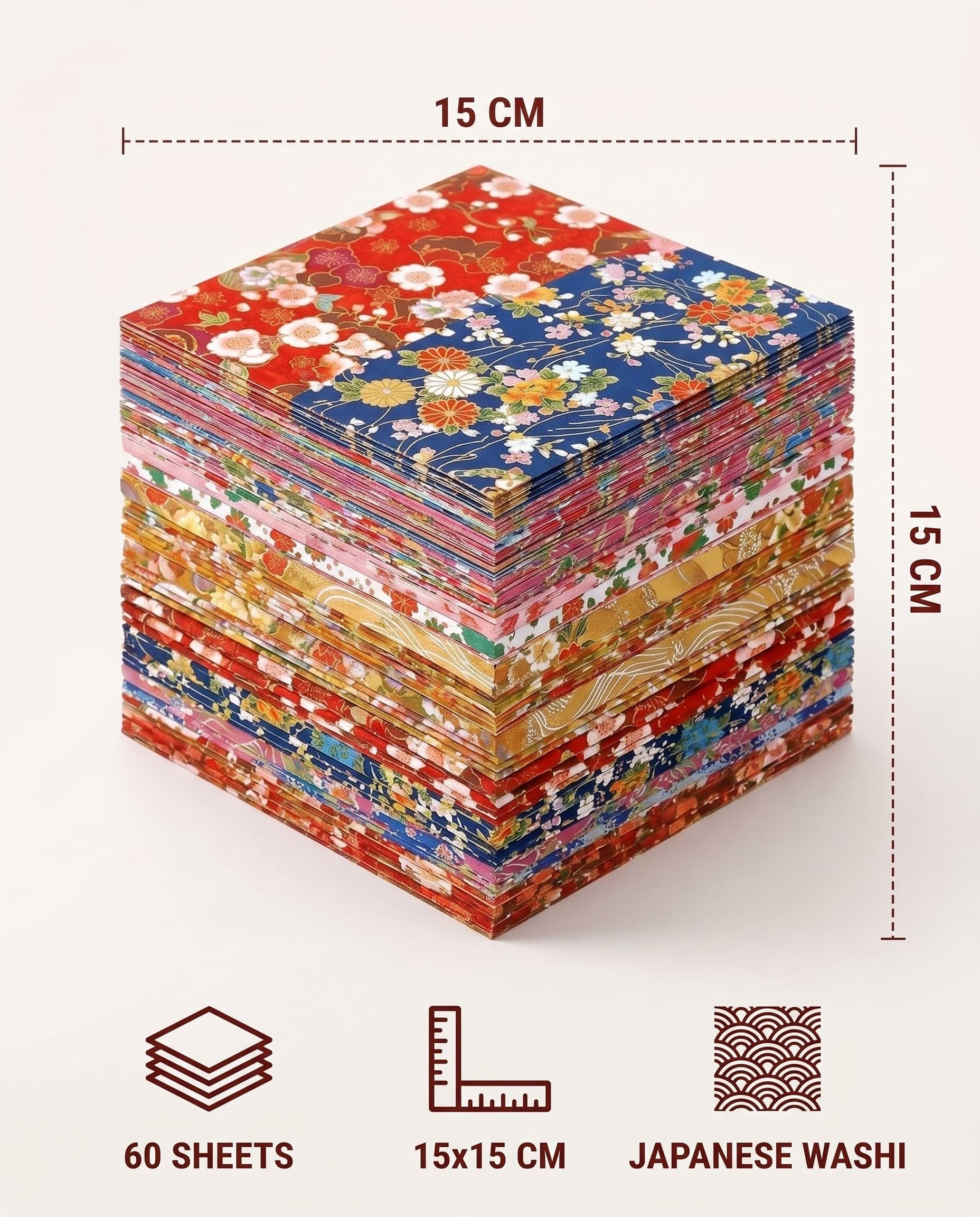 Papel Origami 15x15 cm 60 Hojas Papel Japones Tradicional con Diseños Florales y Doble Cara,origami para niños, para Manualidades y Decoración Papel de Origami de Alta Calidad