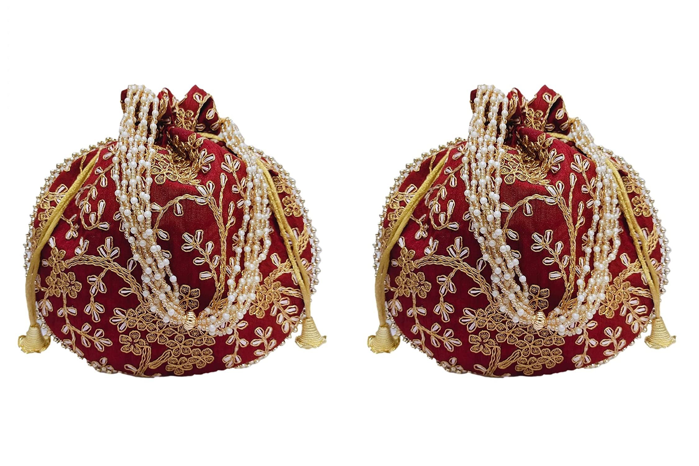 Potli bag (Pack of 2 Potli) Maroon Matka Designer handbags for Women wedding party and Return gift potli bags for party accessories .Outer Golden Embroidered Design-image-49