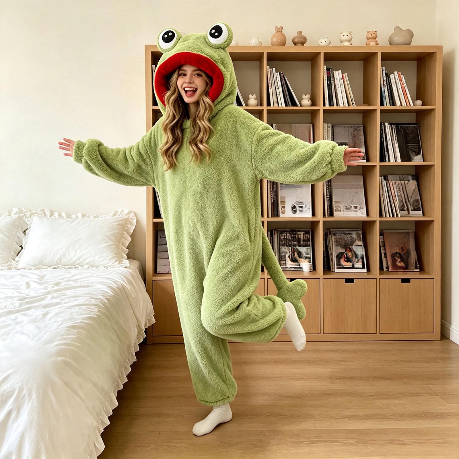 Genérico Pijama de Monstruo Verde para Mujer Hombre, Mono con Capucha de Franela, Pijama de Cuerpo Entero Acogedor con Bolsillos, Otoño Invierno Disfraz Dormir Unisex para Hogar y Halloween