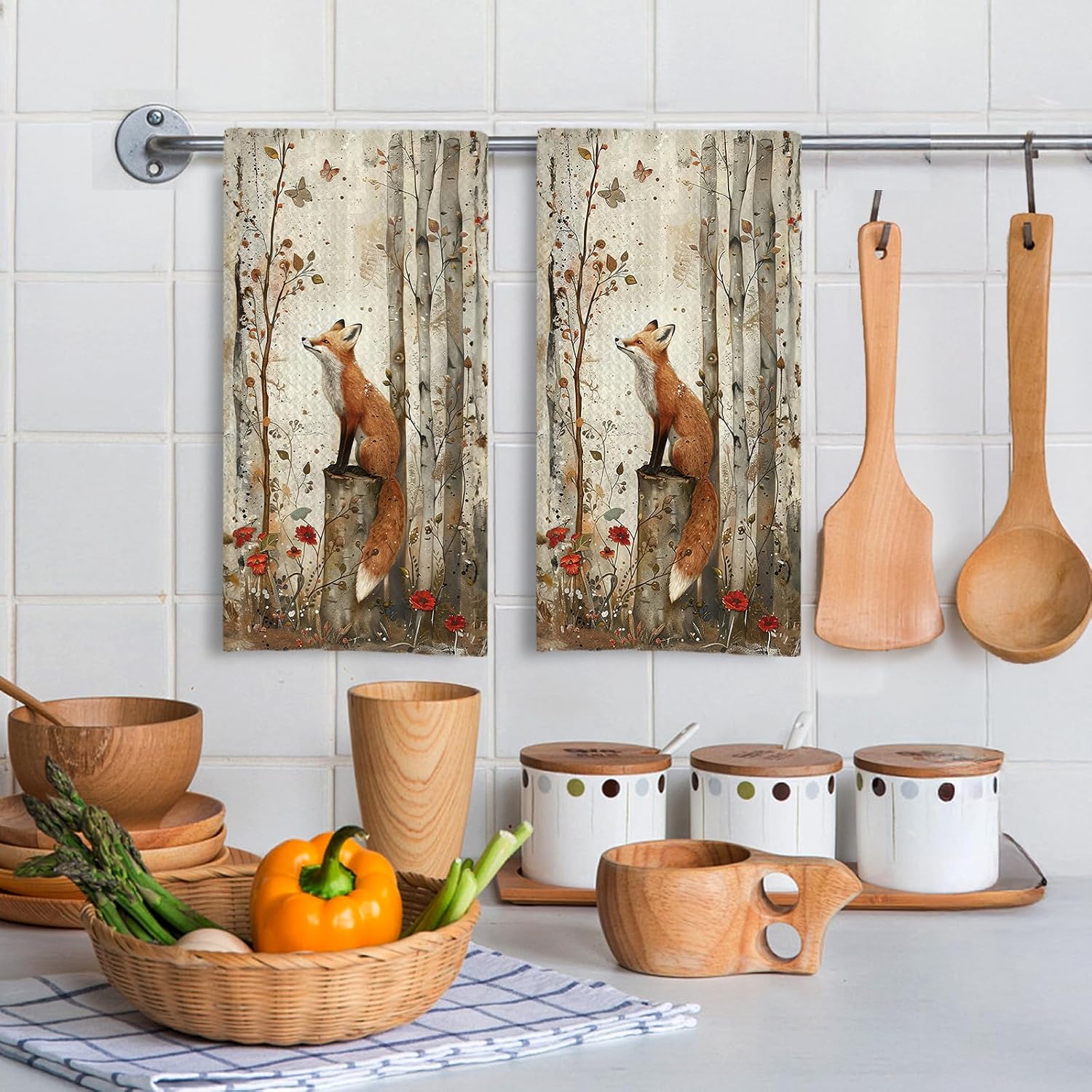 Rustic Forest Red Fox Kitchen Dish Towels, Gifts for Fox Lovers, Vintage Floral White Birch Forest Animal Decorative Hand Tea Towels for Kitchen Bathroom, 16x24 Inch