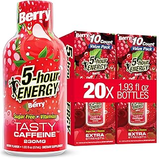 5-hour ENERGY Extra Strength Berry Energy Shot 1.93oz, 20-Pack – Sugar Free Caffeine Energy Booster with B-Vitamins & Amino Acids – Zero Calorie