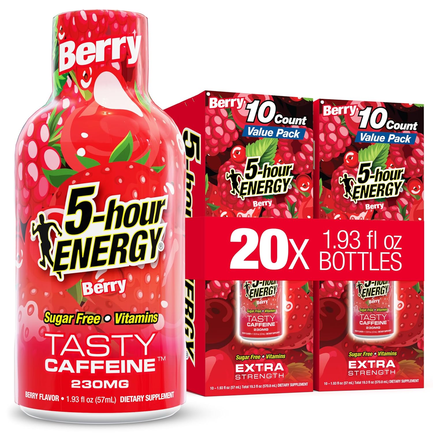 5-hour ENERGY BERRY Flavor, 20 Count, 1.93 Fl Oz Energy Shot, Extra Strength, Amino Acids, B Vitamins, Sugar Free and Zero Calories