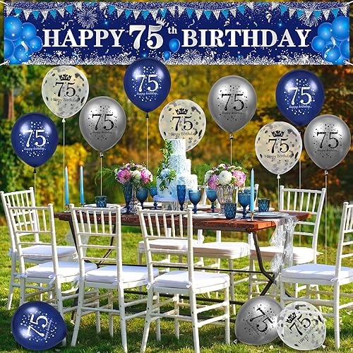 Miniatura 6 de RUMIA Decoraciones de 75 cumpleaños azules para hombres y mujeres, cartel de cumpleaños 75 azul marino plateado, globos azules de 75 cumpleaños para