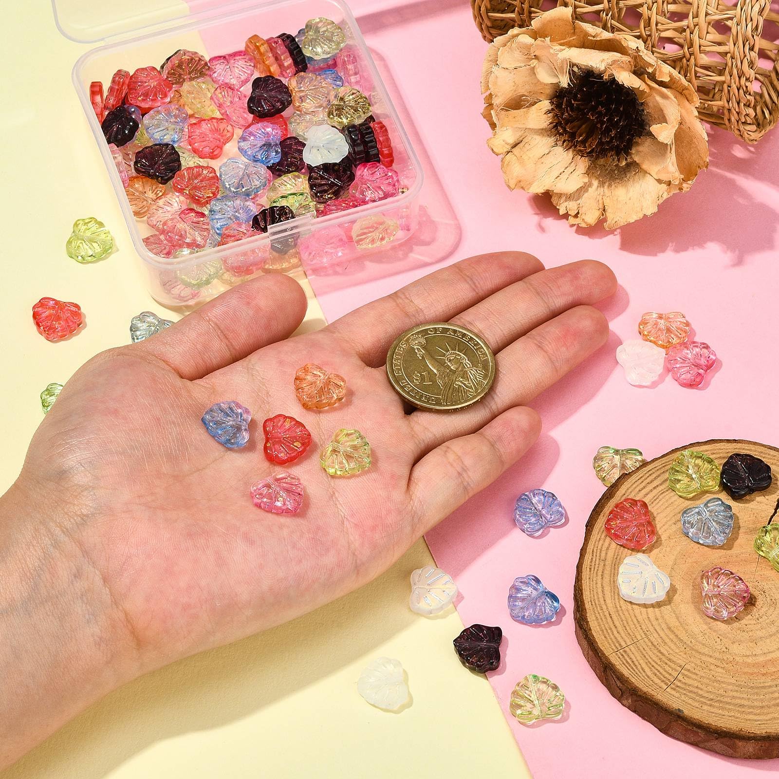 Stiesy 100Pcs Mixed Colour Czech Glass Leaf Beads Maple Leaves Lampwork Beads with Glitter Powder Spacer Beads Bulk for Jewellery Making Bracelet Craft Earrings - Image 3