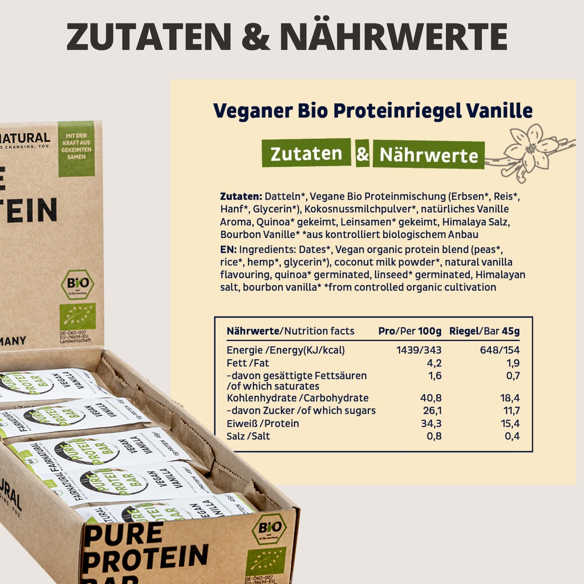FAIRNATURAL® Protein Riegel Vegan Vanille [10x45G] - Vegane Whey Proteinriegel ohne Soja & zugesetztem Zucker - Eiweißriegel Herstellung in DE - Pflanzliche Energieriegel - Protein Bar - Snack Riegel