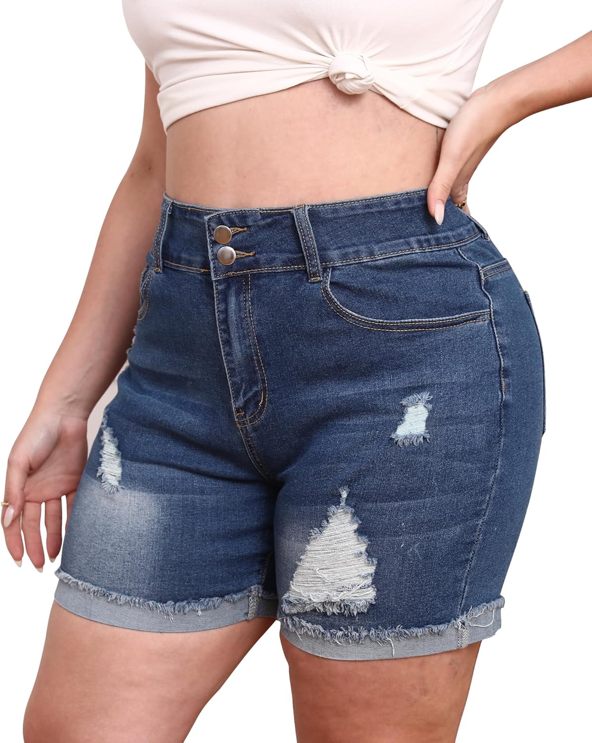 Womens Plus Size Jean Shorts High Waisted Stretchy Ripped Frayed Folded Hem Denim Shorts - Image 4