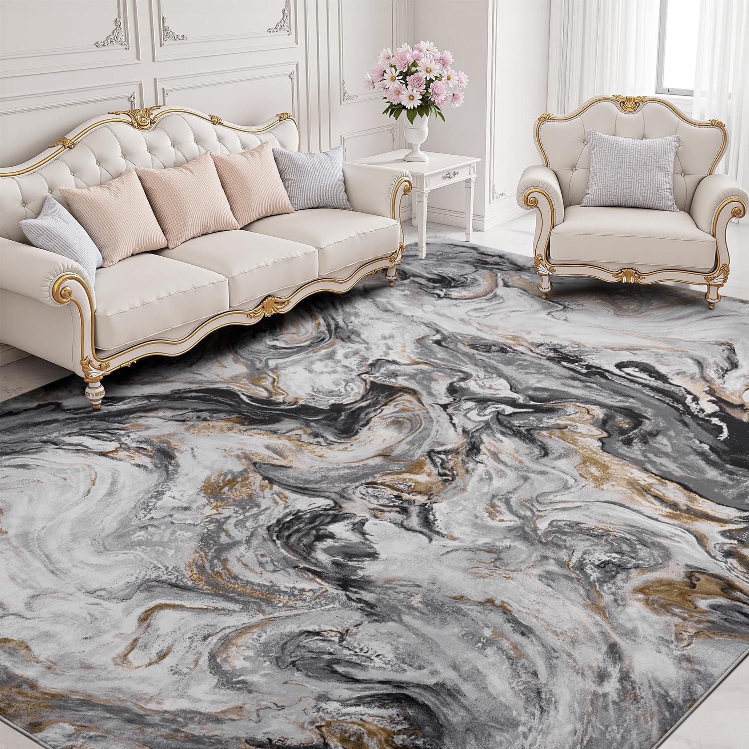 Tapis salon beige 120x160cm abstrait à poils courts lavable