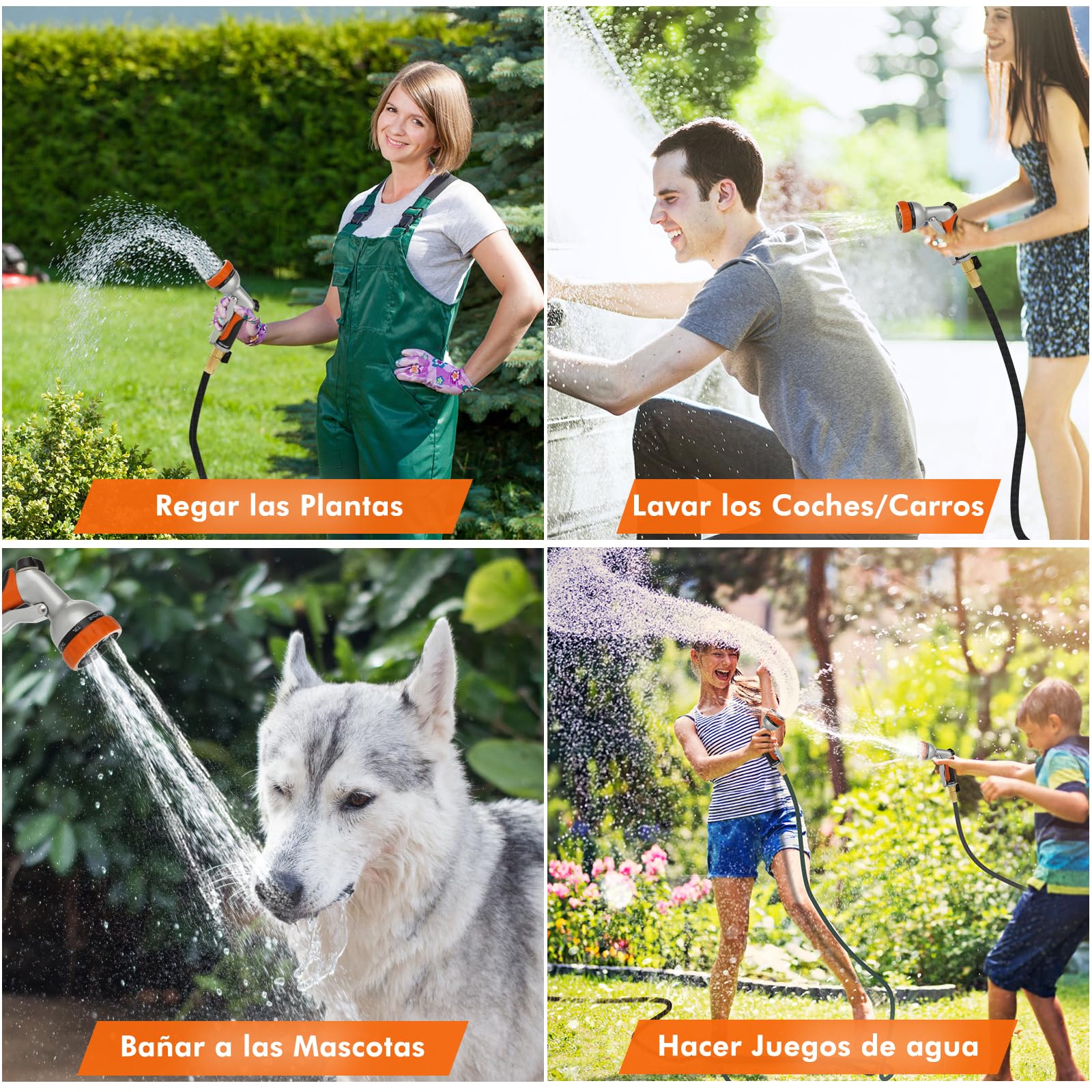 RESTMO Pistola de Riego de Metal, Pistola Manguera Jardín Alta Presión, 7 Modos de Pulverización Ajustable, Ideal para Regar Plantas y Césped, Lavado de Coches y Mascotas, Naranja
