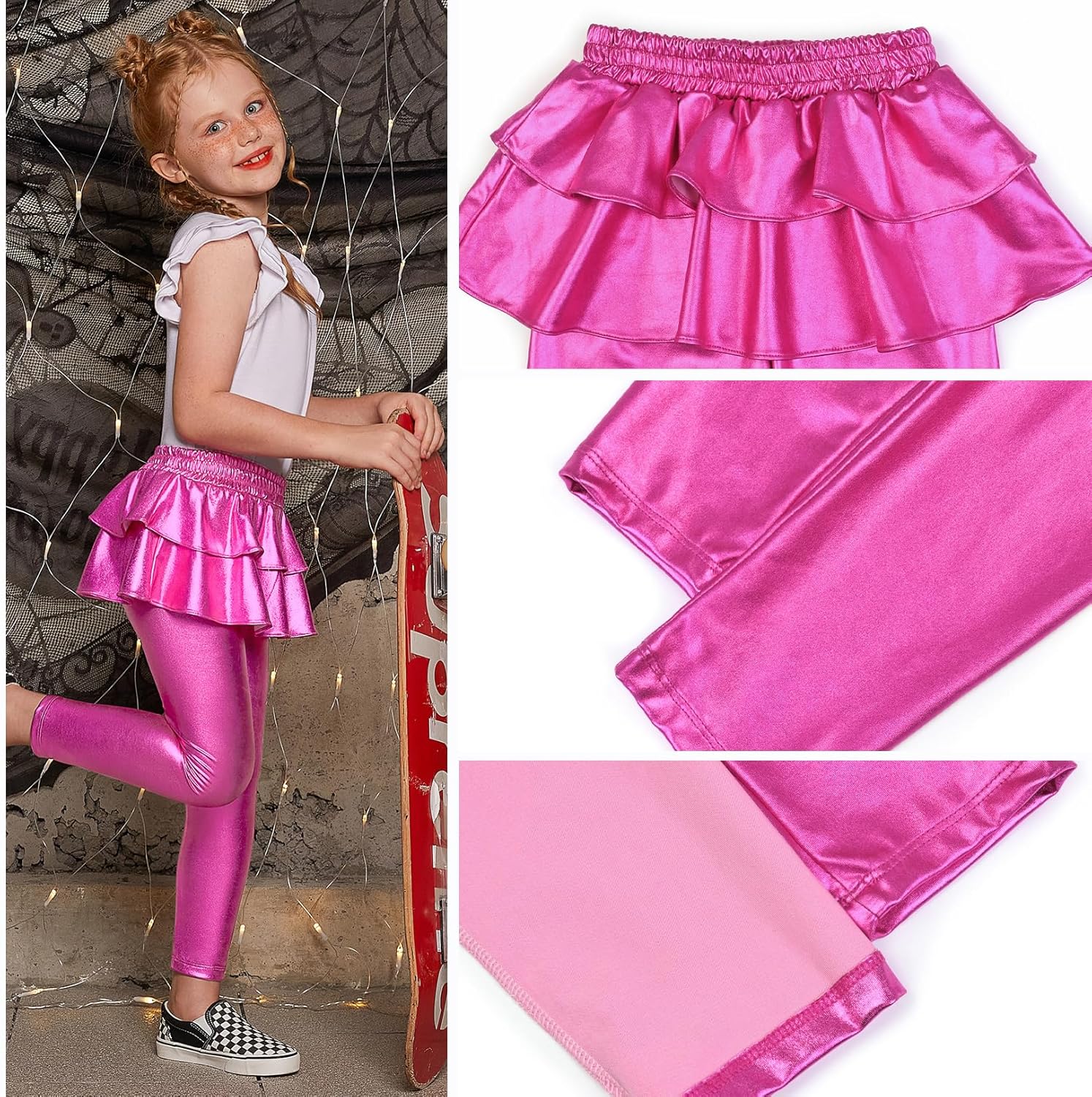 Jxstar Girls Metallic Leggings with Skirt Kids Shiny Sparkle Stretch Pants - Image 5
