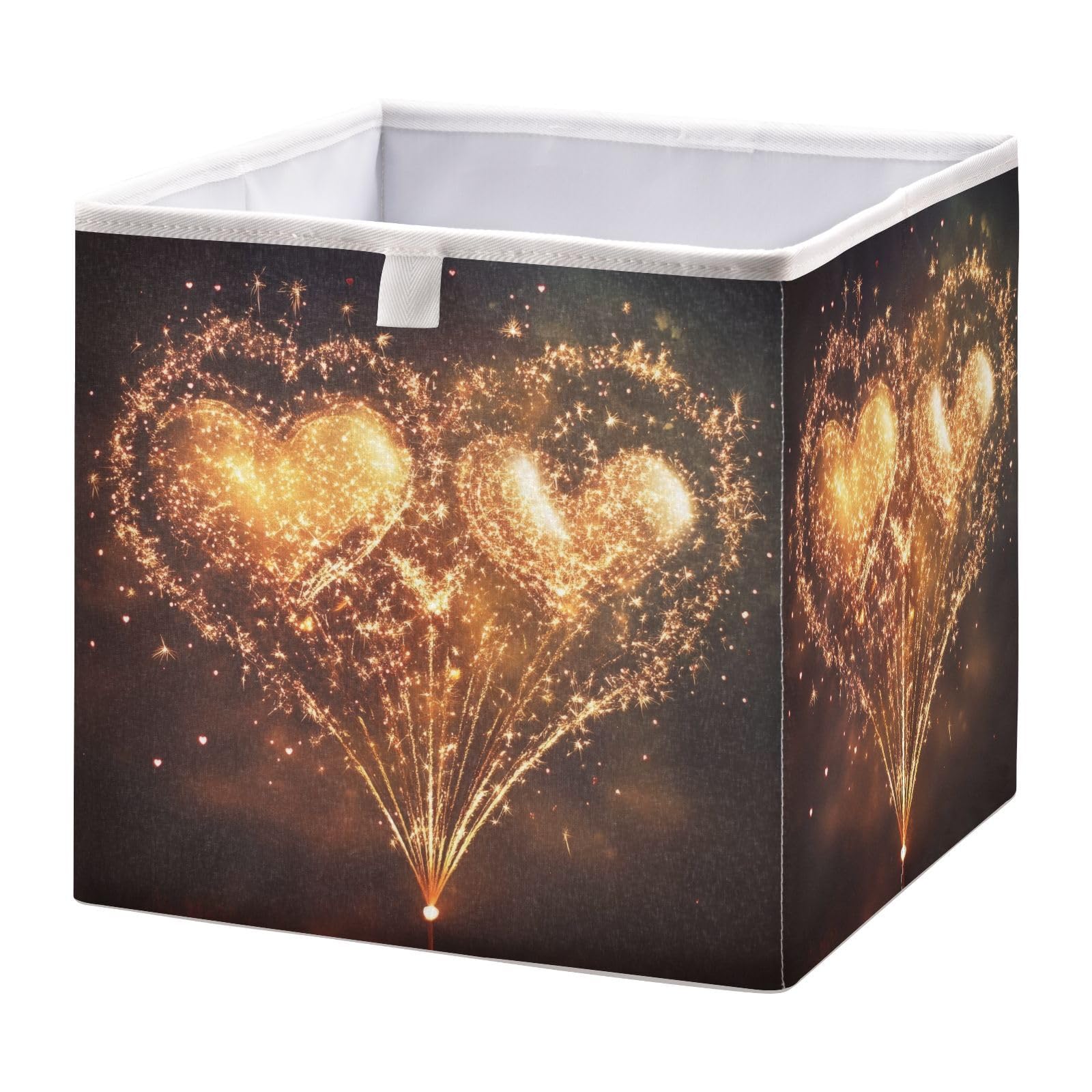 Valentine's Day Fireworks Storage Cubes - 11 Inch Fabric Collapsible Cute Storage Bins Closet Baskets with Handles for Clothes, Toys, Books Organization