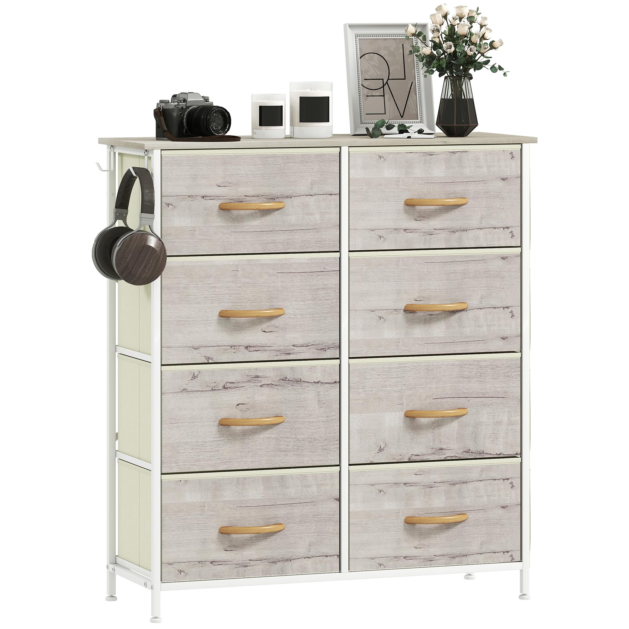 HOMCOM 8 Drawer Chest of Drawers - Natural Wood & Fabric - 4 Side Pockets 2 Hooks - Beige