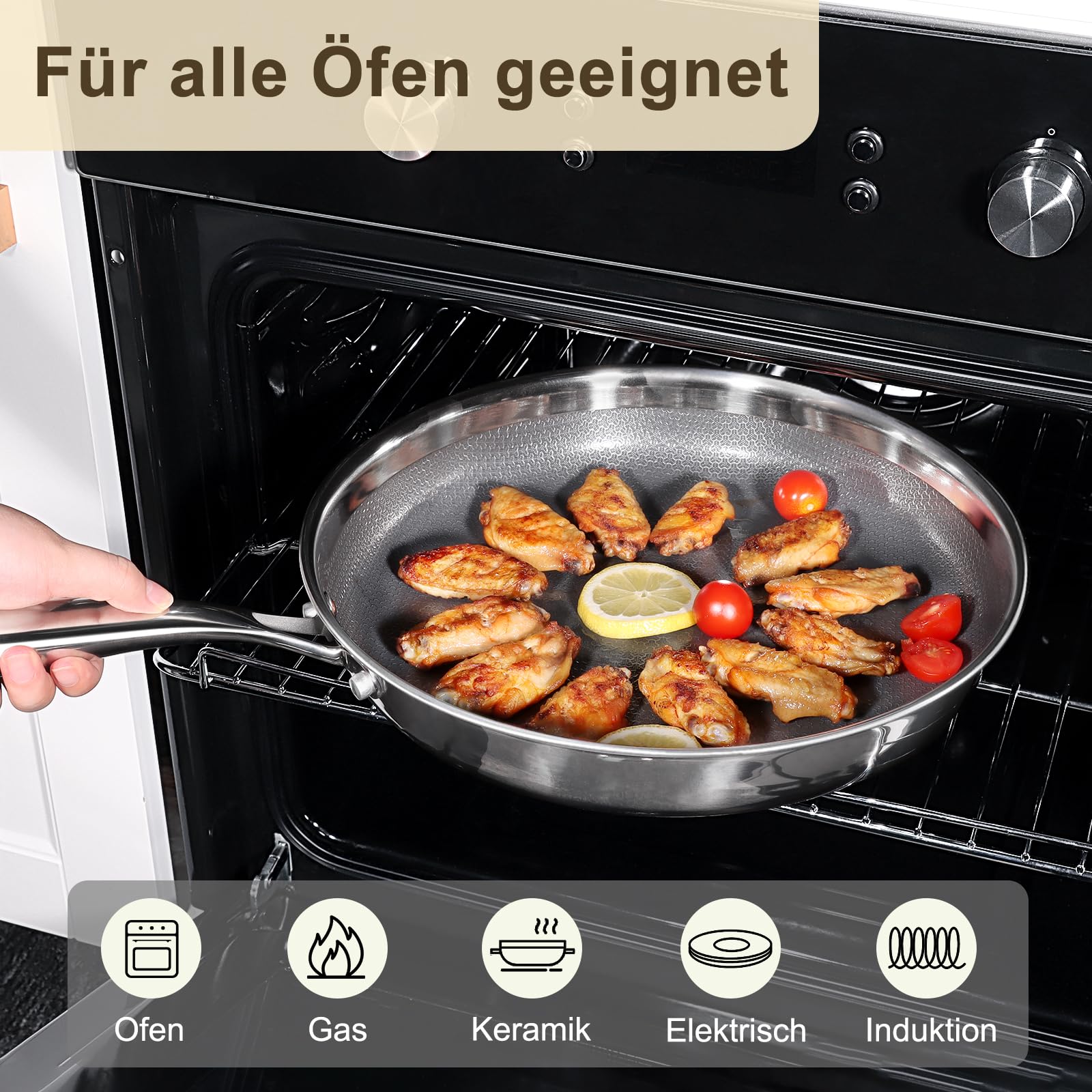 GiPP Antihaft Edelstahl Bratpfanne, Dreischicht Edelstahlpfanne,Waben Anti-Haftbeschichtung,Profi-Kochgeschirr zum Anbraten für Alle Herdarten Geeignet(30CM mit Deckel)