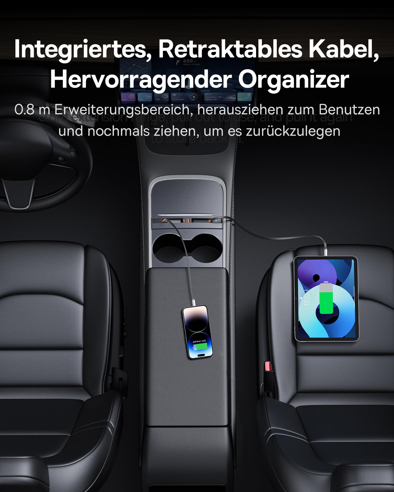 Baseus USB Hub 45W für Tesla Model Y und Model 3 2021 2022 2023, 4 in 1 Multi-Port Auto USB Ladegerät, Ausziehbare Docking Station mit Schnelllade-Kabel, Tesla USB C Hub für Auto Innenraum Zubehör