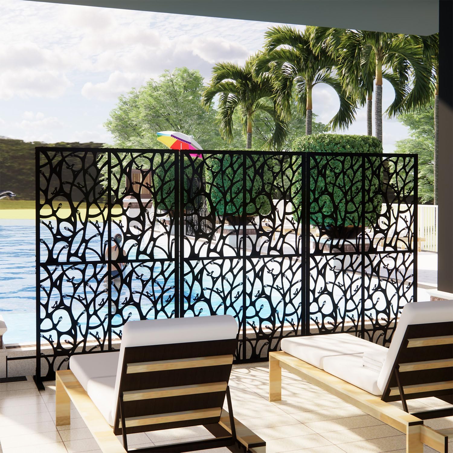 6FT Metal Privacy Screen Outdoor with Stand, Freestanding Decorative Room Divider Panel, Weather-Resistant Steel Screen for Patio, Balcony, Garden, Indoor Partition, Bird Design,Black