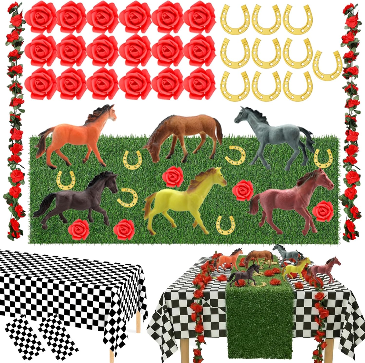 Derby Horse Racing Party Table Set Derby Day Decorations with Artificial Grass Table Runner 6 Mini Horses 2 Rose Garlands 2 Tablecloth 20 Artificial Rose 10 Horseshoe Run for the Roses Party Supplies